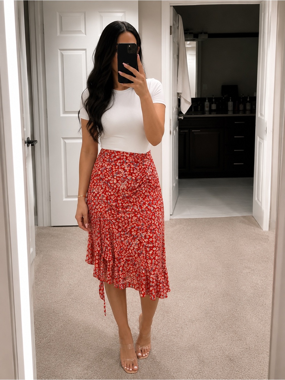 Red Floral Ruffle Midi Skirt